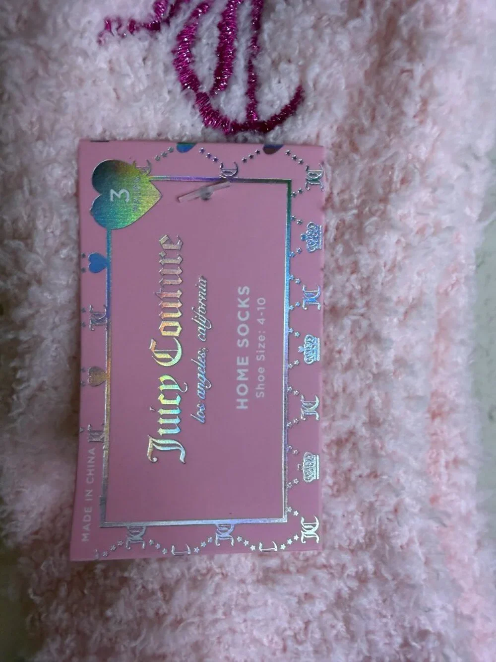 Juicy Couture Fuzzy Cozy Socks 3 Pack Pink Cherry Logo Shoe 4-10 NWT